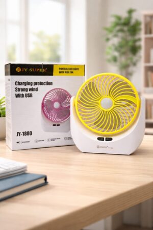 JY-1880 Rechargeable Mini Fan with LED Light – Portable USB Desk Fan